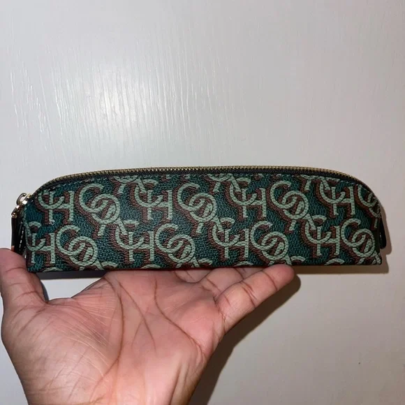 NWOT COACH Green and Brown MONOGRAM Patterned PENCIL PLUG Clutch CASE USB - Picture 2 of 7